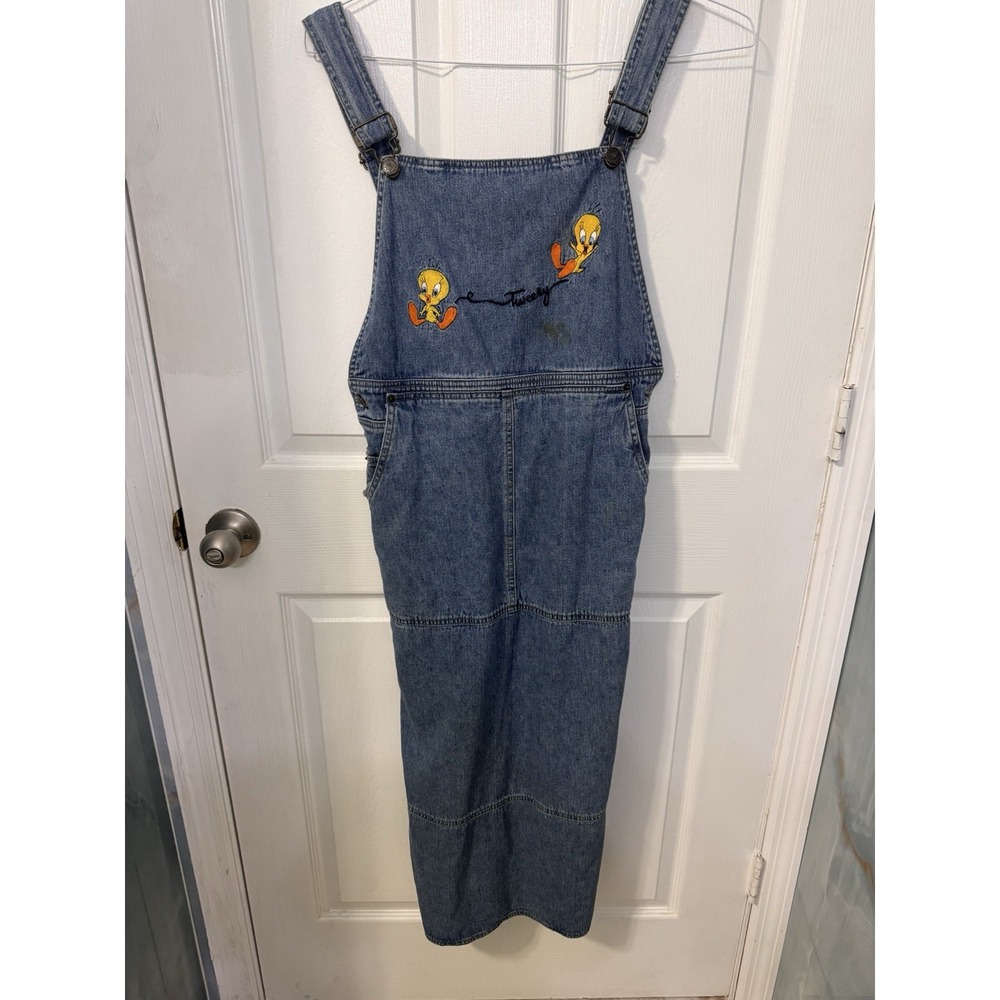 Vintage Warner Bros Store Tweety Denim Embroidered Jumper Dress Overalls M 90s